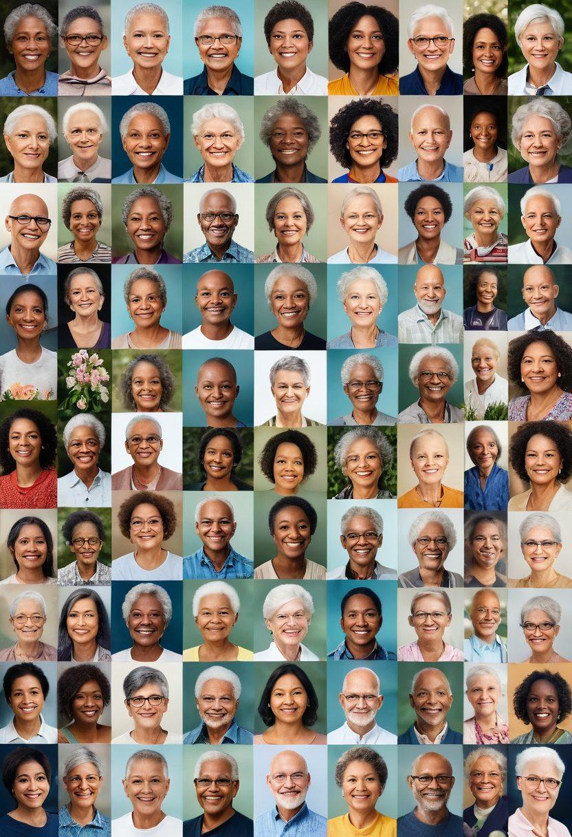 A collage of diverse cancer survivors celebrating their journeys, showcasing different backgrounds and ages. Include symbols of hope such as ribbons and soft light illuminating their faces. Incorporate elements of nature like blooming flowers to signify renewal and strength. Vibrant colors to evoke positivity and resilience. soft focus. super-realistic.