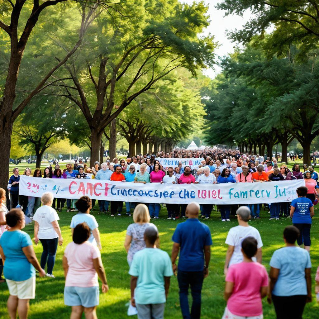 A warm and vibrant community gathering scene, showcasing diverse cancer survivors and their families in a park, engaging in supportive conversations, holding hands, and sharing smiles. Include banners emphasizing advocacy and awareness, along with symbolic elements like ribbons and nature around them. Soft, inviting colors to create a hopeful atmosphere. super-realistic. vibrant colors. natural setting.