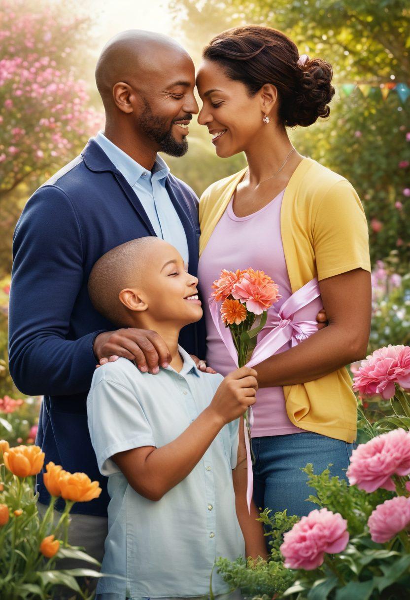A collage of diverse individuals, each sharing a moment of triumph in their cancer journey; a woman embracing her family, a man holding a support ribbon, a child planting a flower in a garden of hope. The background features soft, uplifting light symbolizing hope, with the title 'Inspiring Journeys' elegantly overlayed. Super-realistic. Vibrant colors. Soft focus.